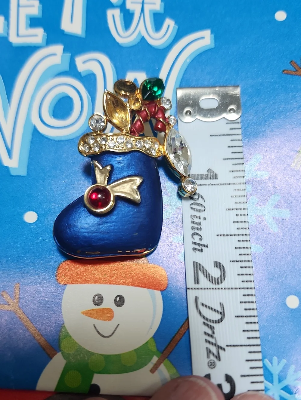 Blue Holiday Stocking Brooch with Rhinestones